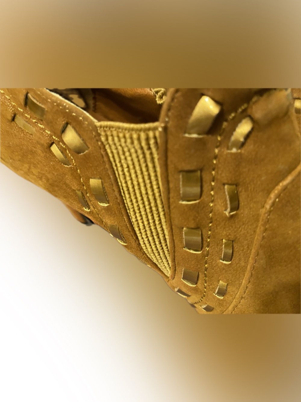 Pointed Suede Ankle Booties with Decorative Cutouts in Tan - Picture 4 of 16
